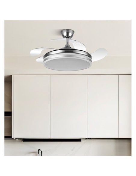Ventilador Bayomo 59w 6980lm Niquel 4 Aspas Desp. 34,5/42x50/107 D.3 Color. Dc.remoto+Reg.Intensidad