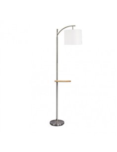 Pie Salon Seda 1xe27 Niquel C/pantalla Blanca C/mesita Madera Incorporada 181x27x44 Cm