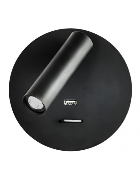 Aplique 3w 4000k Giotto Redondo Negro Puerto Usb  150lm C/interruptor 14x14x12cm Orientb
