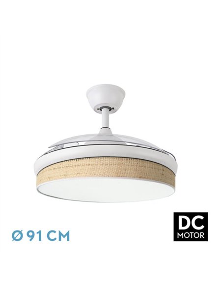 Ventilador Dc Moda 72w Blanco/cañizo Claro 91d 3aspas 7200lm 3000-4000-6000k Remoto+ Memoria+ Temporizador
