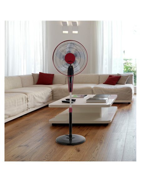 Ventilador De Pie Borlon Negro/burdeos 3 Vel.55w 5x2 aspas Orientable+ Remoto+ Temporizador Regx43x40 Cm