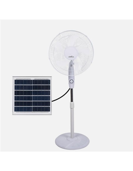 Ventilador De Pie Solar Frontera Blanco 20w 3vel 5aspas Fijo Y Rotatorio Bateria Litio Regx43x38cm