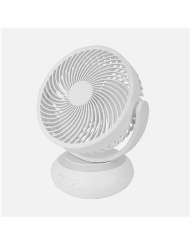Ventilador Inalambrico Sobremesa Bengali Blanco 5w 3vel Recargable C/luz, Aliment.USB, Fijo Y Rotatorio 3Aspas 27x23x16cm