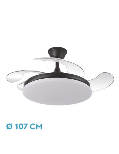 Ventilador Dc Tridente 59w Negro 4aspas Desp. 107d 6980lm Reg.intensidad Remoto+temporizador+memoria 3000-4000-6000k