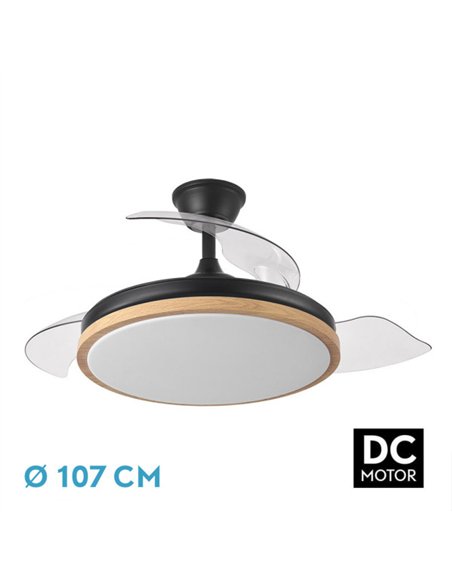 Ventilador Dc Evros 72w 6120lm Negro/haya 107d 3asp.desplegables 3000-4000-6000k Remoto+reg.intensidad+temp+memoria