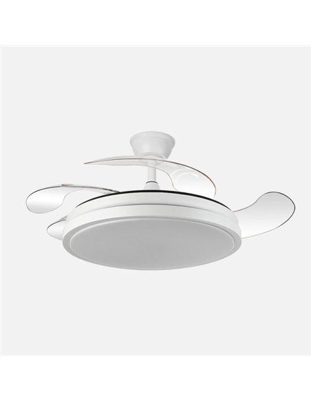 Ventilador Dc Escorpion 59w Blanco 4aspas desplegables 107d Reg.intensidad 6980lm 3000-4000-6000k Remoto+ Temporizador+ Memoria