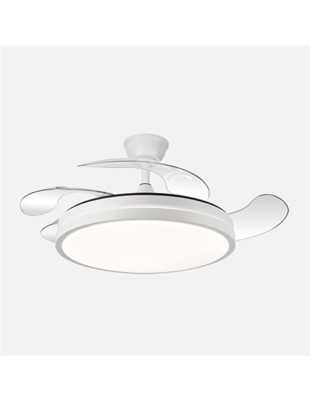 Ventilador Dc Escorpion 59w Blanco 4aspas desplegables 107d Reg.intensidad 6980lm 3000-4000-6000k Remoto+ Temporizador+ Memoria