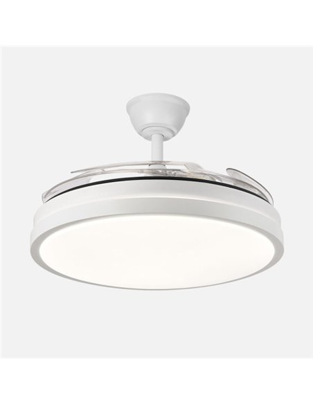 Ventilador Dc Escorpion 59w Blanco 4aspas desplegables 107d Reg.intensidad 6980lm 3000-4000-6000k Remoto+ Temporizador+ Memoria